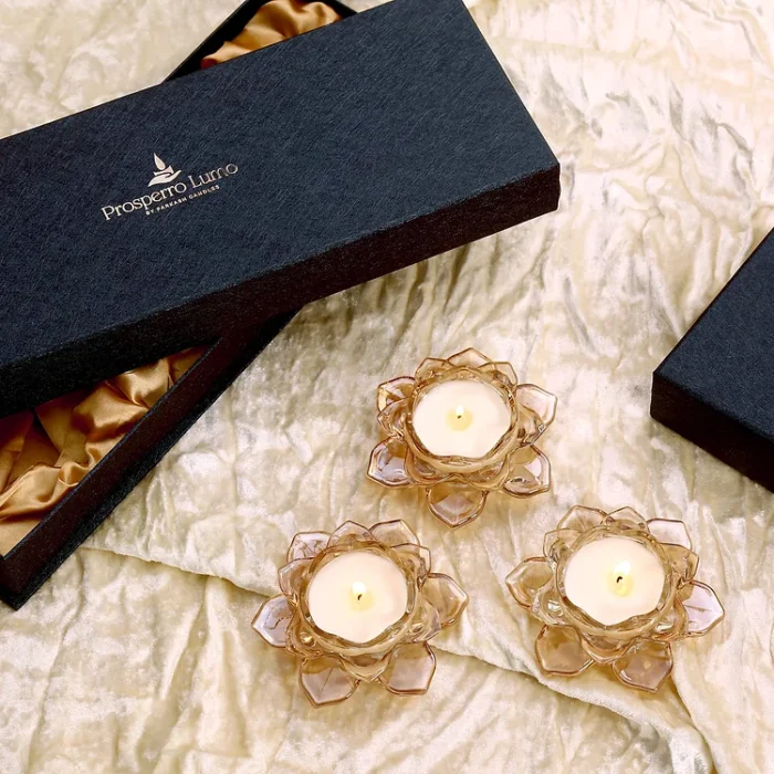 Luminous Golden Crystal Lotus Scented Candle Set of 3 English Blush